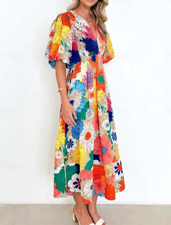 Best Women's Casual Dress Floral Leaf Print V Neck Long Dress Maxi Dress Vacation Short Sleeve Summer Women Spring Dresses