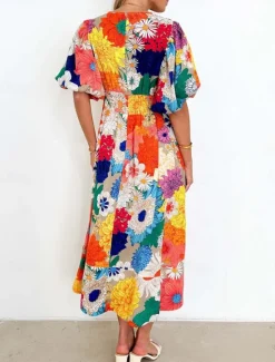 Best Women's Casual Dress Floral Leaf Print V Neck Long Dress Maxi Dress Vacation Short Sleeve Summer Women Spring Dresses