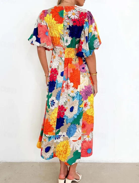 Best Women's Casual Dress Floral Leaf Print V Neck Long Dress Maxi Dress Vacation Short Sleeve Summer Women Spring Dresses