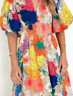 Best Women's Casual Dress Floral Leaf Print V Neck Long Dress Maxi Dress Vacation Short Sleeve Summer Women Spring Dresses