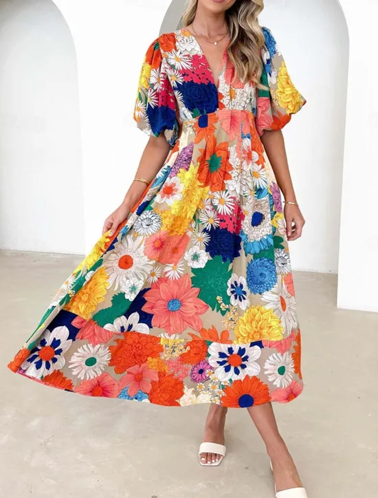 Best Women's Casual Dress Floral Leaf Print V Neck Long Dress Maxi Dress Vacation Short Sleeve Summer Women Spring Dresses