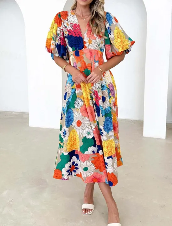 Best Women's Casual Dress Floral Leaf Print V Neck Long Dress Maxi Dress Vacation Short Sleeve Summer Women Spring Dresses