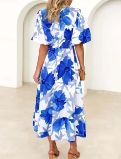 Best Women's Casual Dress Floral Leaf Print V Neck Long Dress Maxi Dress Vacation Short Sleeve Summer Women Spring Dresses