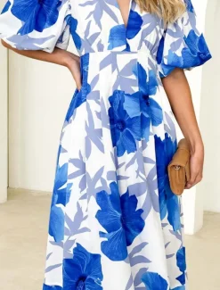 Best Women's Casual Dress Floral Leaf Print V Neck Long Dress Maxi Dress Vacation Short Sleeve Summer Women Spring Dresses