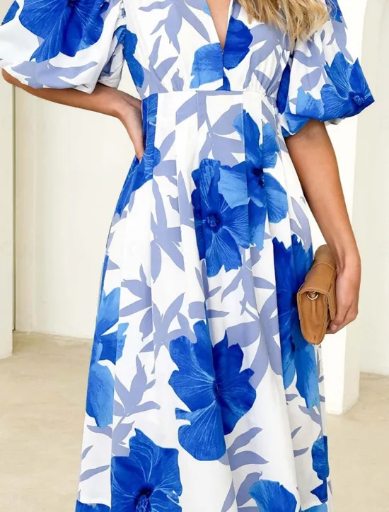 Best Women's Casual Dress Floral Leaf Print V Neck Long Dress Maxi Dress Vacation Short Sleeve Summer Women Spring Dresses