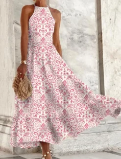 New Women's Casual Dress Floral Print Crew Neck Maxi long Dress Casual Daily Vacation Sleeveless Summer Spring Women Spring Dresses