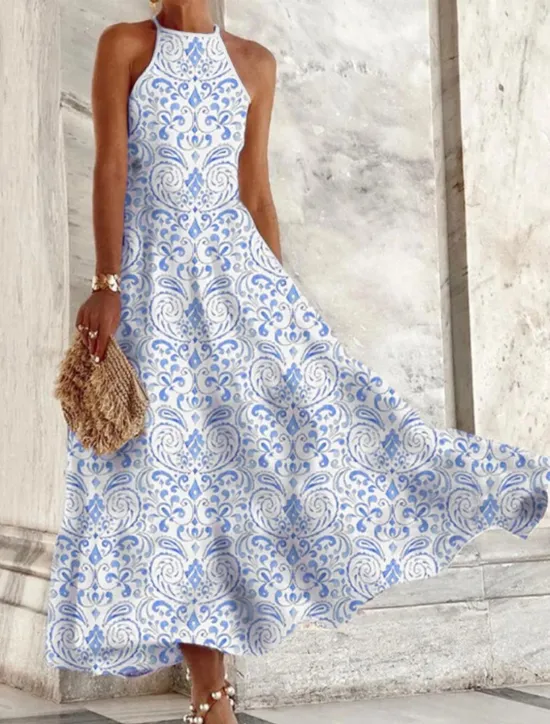 New Women's Casual Dress Floral Print Crew Neck Maxi long Dress Casual Daily Vacation Sleeveless Summer Spring Women Spring Dresses