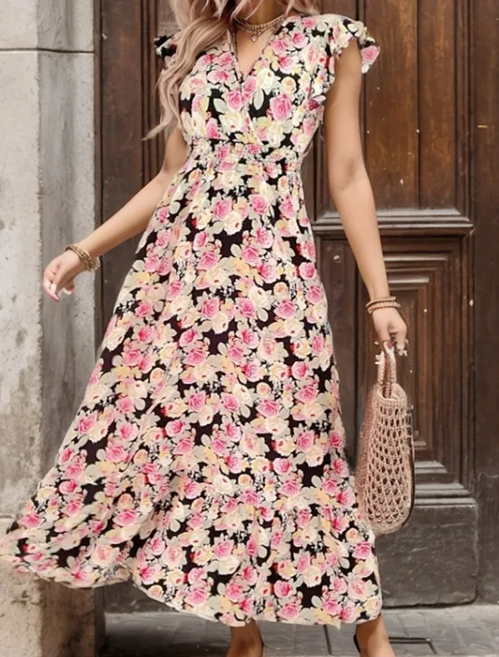 New Women's Casual Dress Floral Ruffle Print V Neck Long Dress Maxi Dress Stylish Casual Daily Vacation Short Sleeve Summer Women Spring Dresses