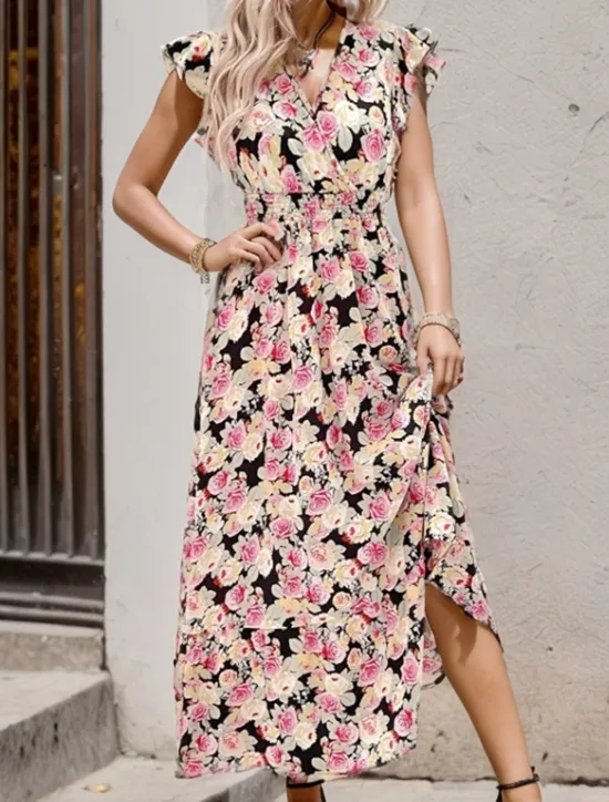 New Women's Casual Dress Floral Ruffle Print V Neck Long Dress Maxi Dress Stylish Casual Daily Vacation Short Sleeve Summer Women Spring Dresses