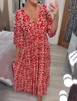 Sale Women's Casual Dress Floral Print V Neck Long Dress Maxi Dress Ethnic Casual Daily Vacation 3/4 Length Sleeve Summer Women Floral Dresses
