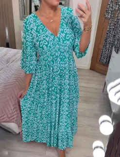 Sale Women's Casual Dress Floral Print V Neck Long Dress Maxi Dress Ethnic Casual Daily Vacation 3/4 Length Sleeve Summer Women Floral Dresses