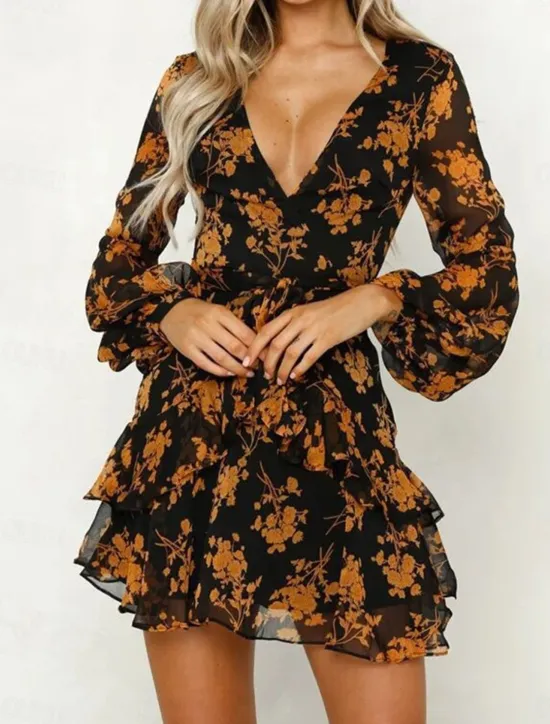 New Women's Casual Dress Floral Print V Neck Mini Dress Stylish Casual Daily Date Long Sleeve Fall Women Spring Dresses