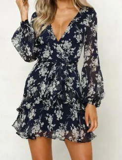 New Women's Casual Dress Floral Print V Neck Mini Dress Stylish Casual Daily Date Long Sleeve Fall Women Spring Dresses