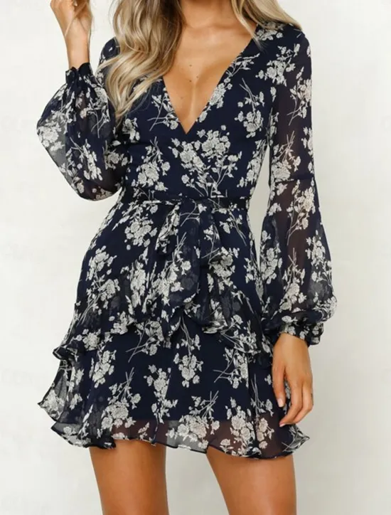 New Women's Casual Dress Floral Print V Neck Mini Dress Stylish Casual Daily Date Long Sleeve Fall Women Spring Dresses