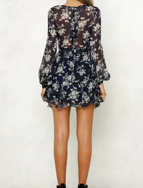New Women's Casual Dress Floral Print V Neck Mini Dress Stylish Casual Daily Date Long Sleeve Fall Women Spring Dresses
