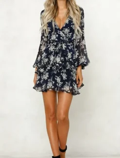 New Women's Casual Dress Floral Print V Neck Mini Dress Stylish Casual Daily Date Long Sleeve Fall Women Spring Dresses