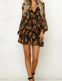 New Women's Casual Dress Floral Print V Neck Mini Dress Stylish Casual Daily Date Long Sleeve Fall Women Spring Dresses