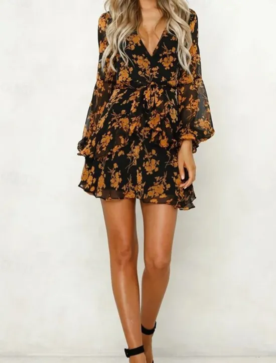 New Women's Casual Dress Floral Print V Neck Mini Dress Stylish Casual Daily Date Long Sleeve Fall Women Spring Dresses