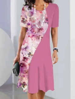 Sale Women's Casual Dress Floral Print Crew Neck Midi Dress Stylish Casual Daily Vacation Short Sleeve Summer Women Floral Dresses|Spring Dresses