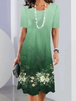 Sale Women's Casual Dress Floral Print Crew Neck Midi Dress Stylish Casual Daily Vacation Short Sleeve Summer Women Floral Dresses|Spring Dresses