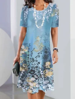 Sale Women's Casual Dress Floral Print Crew Neck Midi Dress Stylish Casual Daily Vacation Short Sleeve Summer Women Floral Dresses|Spring Dresses