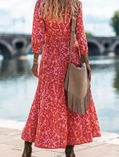 Outlet Women's Casual Dress Floral Print V Neck Long Dress Maxi Dress Vacation Long Sleeve Summer Women Spring Dresses