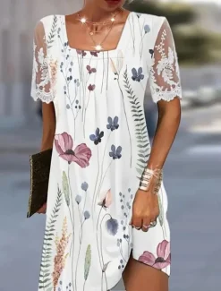 New Women's Casual Dress Floral Lace Patchwork Square Neck Mini Dress Stylish Daily Date Short Sleeve Summer Women Floral Dresses|Spring Dresses
