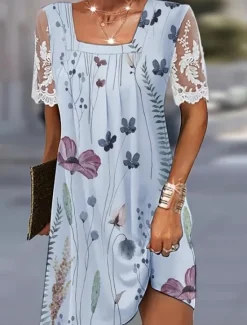 New Women's Casual Dress Floral Lace Patchwork Square Neck Mini Dress Stylish Daily Date Short Sleeve Summer Women Floral Dresses|Spring Dresses