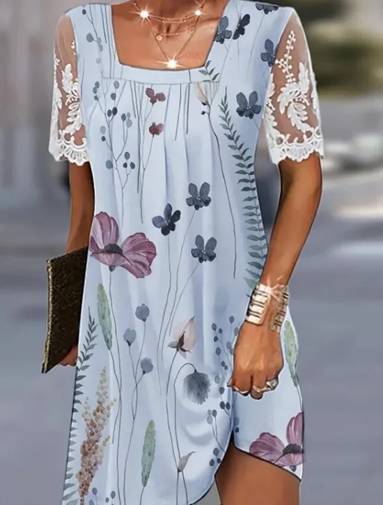 New Women's Casual Dress Floral Lace Patchwork Square Neck Mini Dress Stylish Daily Date Short Sleeve Summer Women Floral Dresses|Spring Dresses
