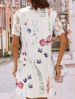 New Women's Casual Dress Floral Lace Patchwork Square Neck Mini Dress Stylish Daily Date Short Sleeve Summer Women Floral Dresses|Spring Dresses