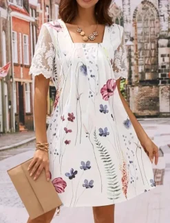 New Women's Casual Dress Floral Lace Patchwork Square Neck Mini Dress Stylish Daily Date Short Sleeve Summer Women Floral Dresses|Spring Dresses