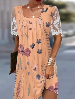 New Women's Casual Dress Floral Lace Patchwork Square Neck Mini Dress Stylish Daily Date Short Sleeve Summer Women Floral Dresses|Spring Dresses