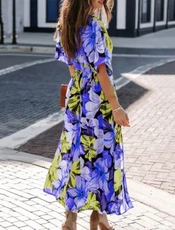 Online Women's Casual Dress Floral Split Print V Neck Long Dress Maxi Dress Vacation Short Sleeve Summer Women Spring Dresses|Floral Dresses