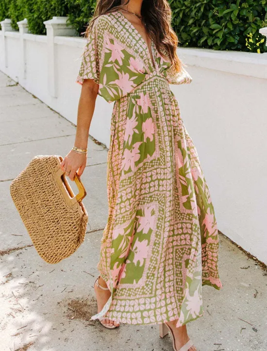 Online Women's Casual Dress Floral Split Print V Neck Long Dress Maxi Dress Vacation Short Sleeve Summer Women Spring Dresses|Floral Dresses