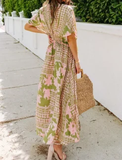 Online Women's Casual Dress Floral Split Print V Neck Long Dress Maxi Dress Vacation Short Sleeve Summer Women Spring Dresses|Floral Dresses