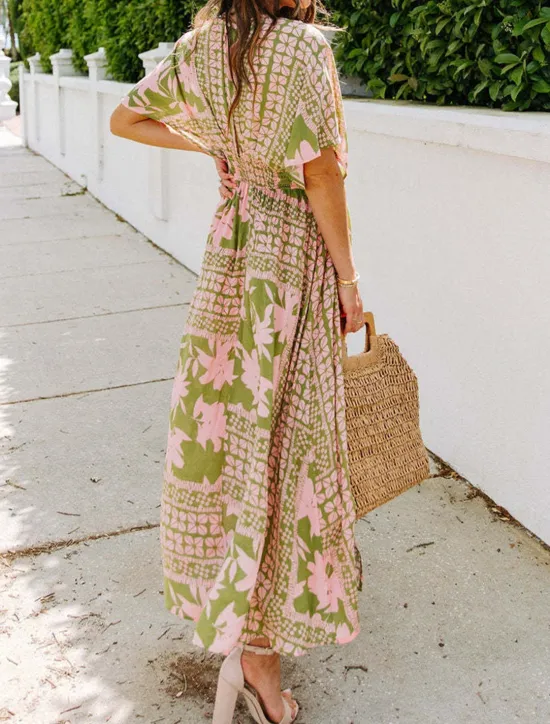 Online Women's Casual Dress Floral Split Print V Neck Long Dress Maxi Dress Vacation Short Sleeve Summer Women Spring Dresses|Floral Dresses