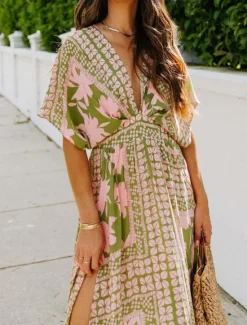 Online Women's Casual Dress Floral Split Print V Neck Long Dress Maxi Dress Vacation Short Sleeve Summer Women Spring Dresses|Floral Dresses