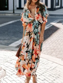 Online Women's Casual Dress Floral Split Print V Neck Long Dress Maxi Dress Vacation Short Sleeve Summer Women Spring Dresses|Floral Dresses