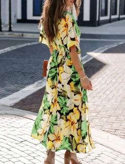 Online Women's Casual Dress Floral Split Print V Neck Long Dress Maxi Dress Vacation Short Sleeve Summer Women Spring Dresses|Floral Dresses
