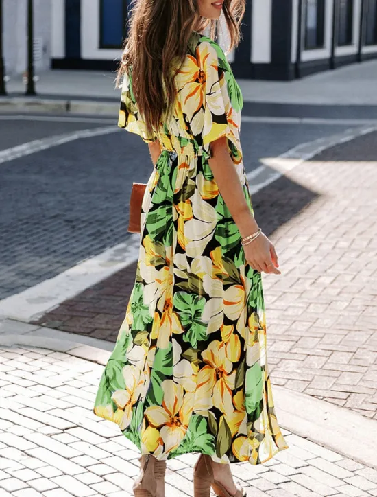 Online Women's Casual Dress Floral Split Print V Neck Long Dress Maxi Dress Vacation Short Sleeve Summer Women Spring Dresses|Floral Dresses