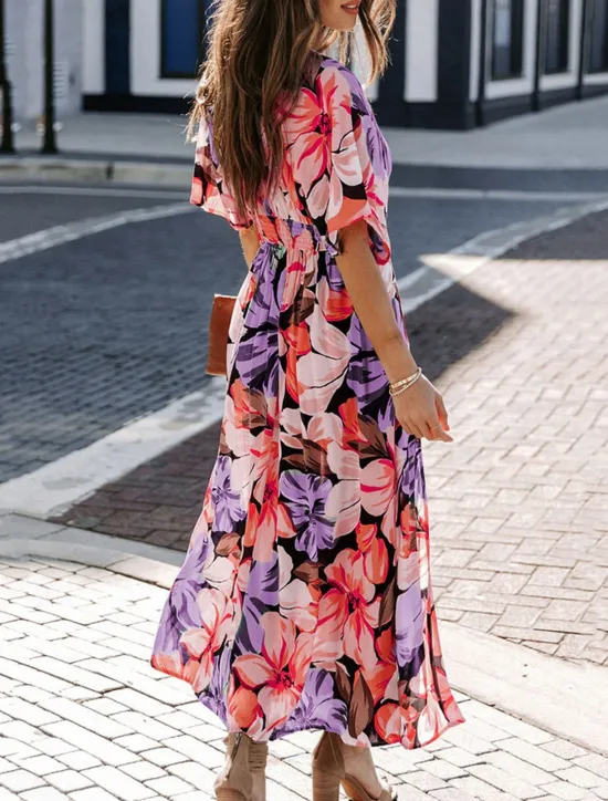 Online Women's Casual Dress Floral Split Print V Neck Long Dress Maxi Dress Vacation Short Sleeve Summer Women Spring Dresses|Floral Dresses