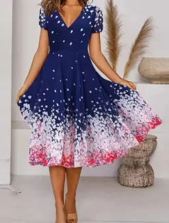 Clearance Women's Casual Dress Floral Print V Neck Midi Dress Vacation Short Sleeve Summer Women Spring Dresses
