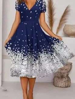 Clearance Women's Casual Dress Floral Print V Neck Midi Dress Vacation Short Sleeve Summer Women Spring Dresses