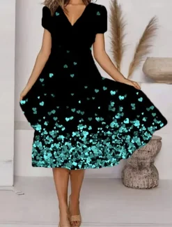Clearance Women's Casual Dress Floral Print V Neck Midi Dress Vacation Short Sleeve Summer Women Spring Dresses