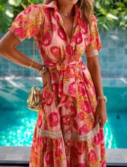 Online Women's Casual Dress Floral Lace up Button Shirt Collar Midi Dress Bohemia Vacation Short Sleeve Summer Women Vacation Dresses