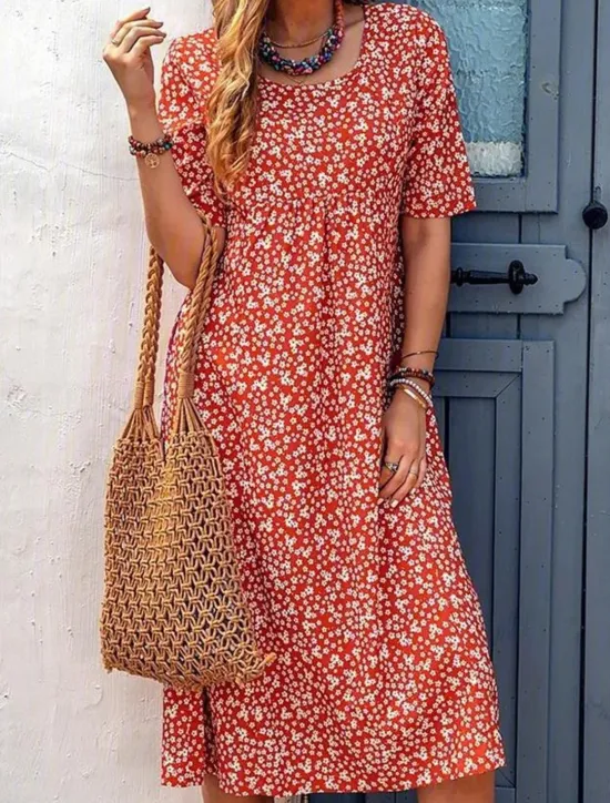 Discount Women's Casual Dress Floral Pocket Print Crew Neck Midi Dress Stylish Casual Daily Date Short Sleeve Summer Women Floral Dresses