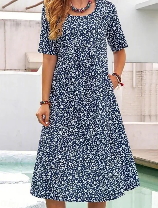 Discount Women's Casual Dress Floral Pocket Print Crew Neck Midi Dress Stylish Casual Daily Date Short Sleeve Summer Women Floral Dresses