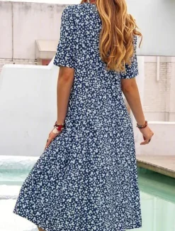 Discount Women's Casual Dress Floral Pocket Print Crew Neck Midi Dress Stylish Casual Daily Date Short Sleeve Summer Women Floral Dresses