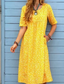 Discount Women's Casual Dress Floral Pocket Print Crew Neck Midi Dress Stylish Casual Daily Date Short Sleeve Summer Women Floral Dresses