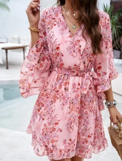 Hot Women's Casual Dress Floral Lace up Print V Neck Mini Dress Boho Vacation 3/4 Length Sleeve Summer Women Spring Dresses